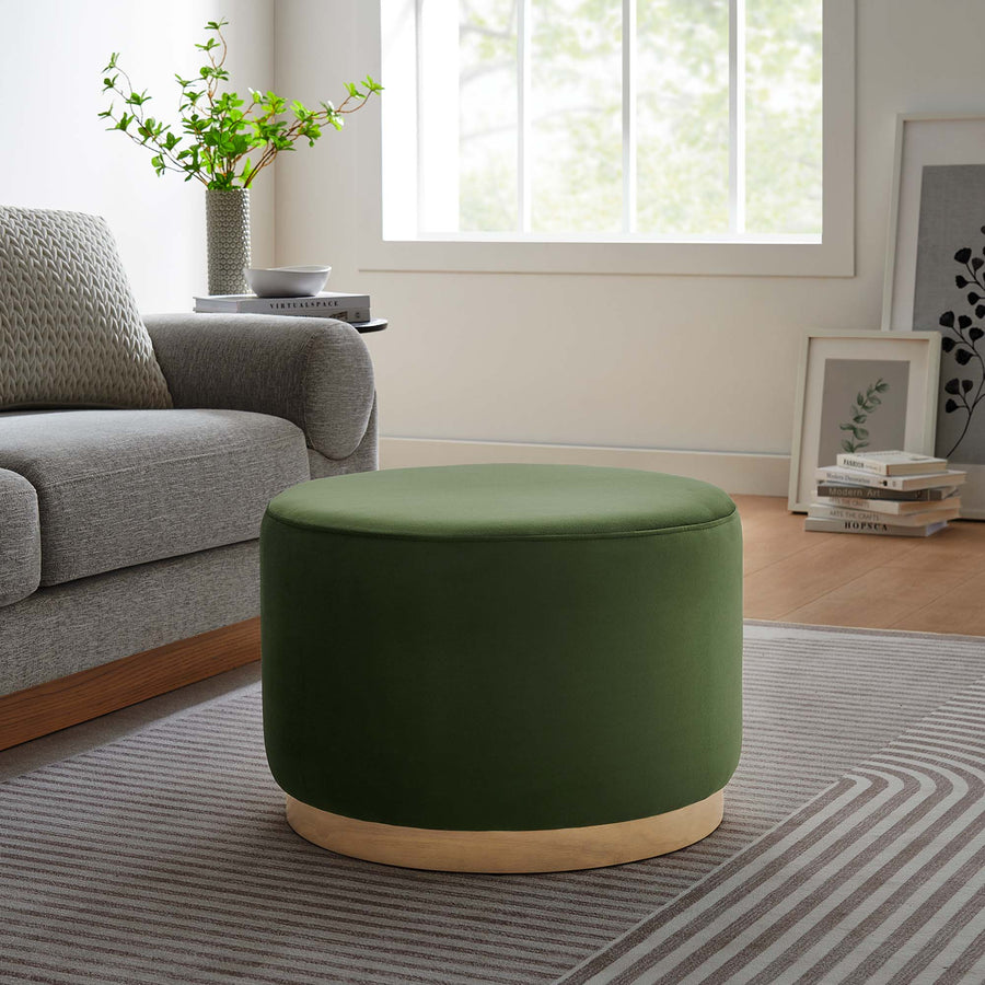 Maple Large 23" Round Performance Velvet Upholstered Ottoman in Moss Green Natural