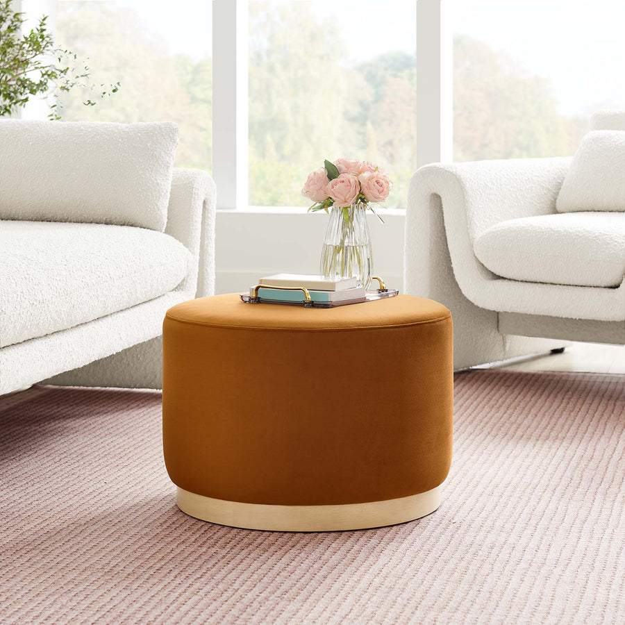 Maple Large 23" Round Performance Velvet Upholstered Ottoman in Rust Natural