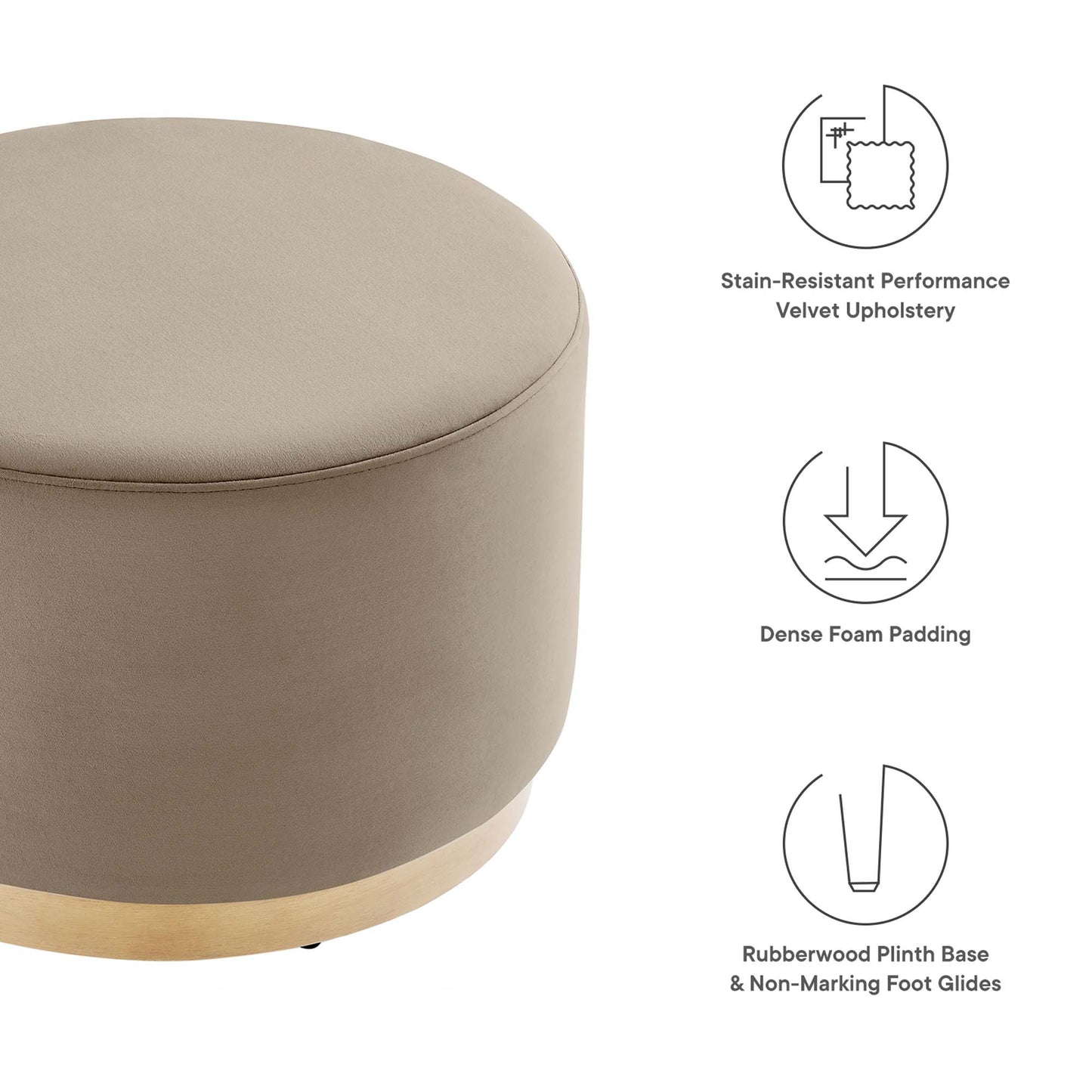 Tilden Large 23" Round Performance Velvet Upholstered Ottoman by Furniture For America