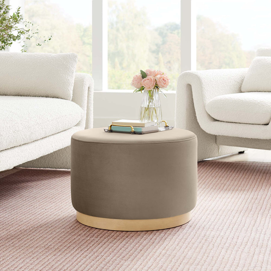 Maple Large 23" Round Performance Velvet Upholstered Ottoman in Taupe Natural