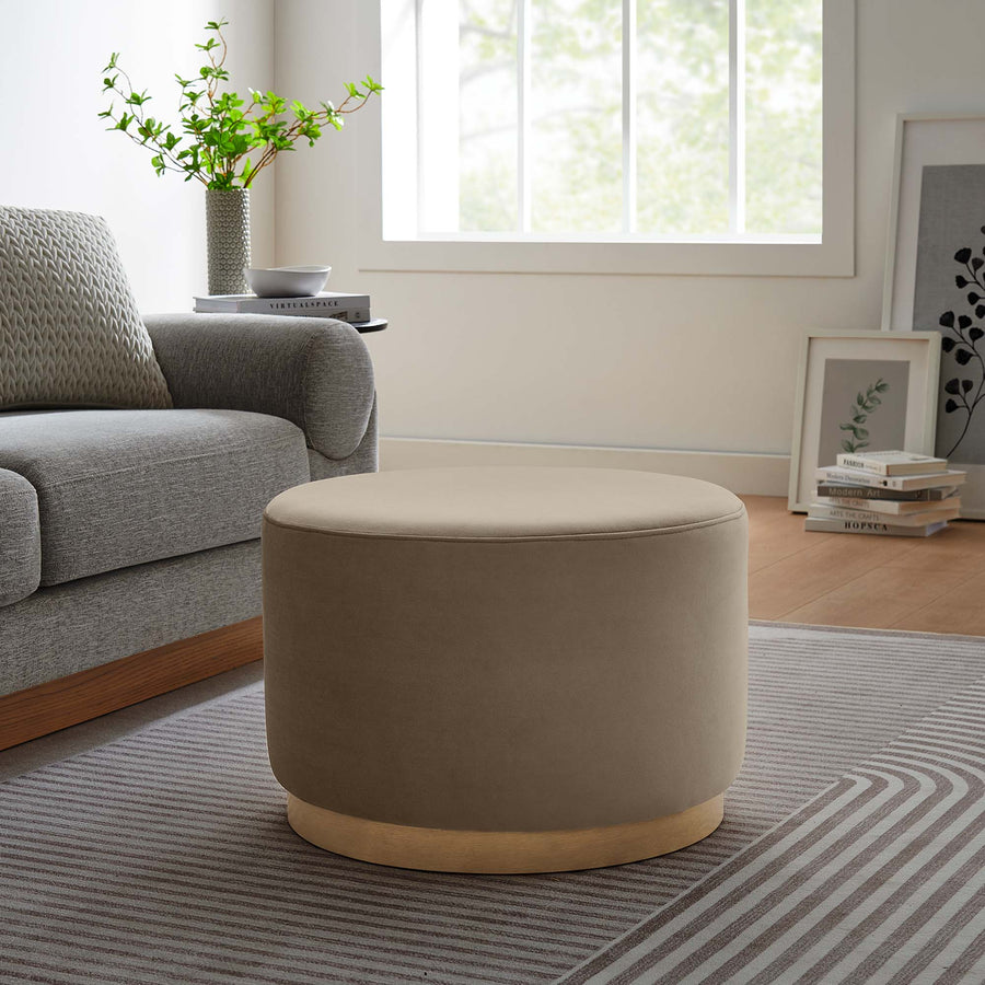 Maple Large 23" Round Performance Velvet Upholstered Ottoman in Taupe Natural