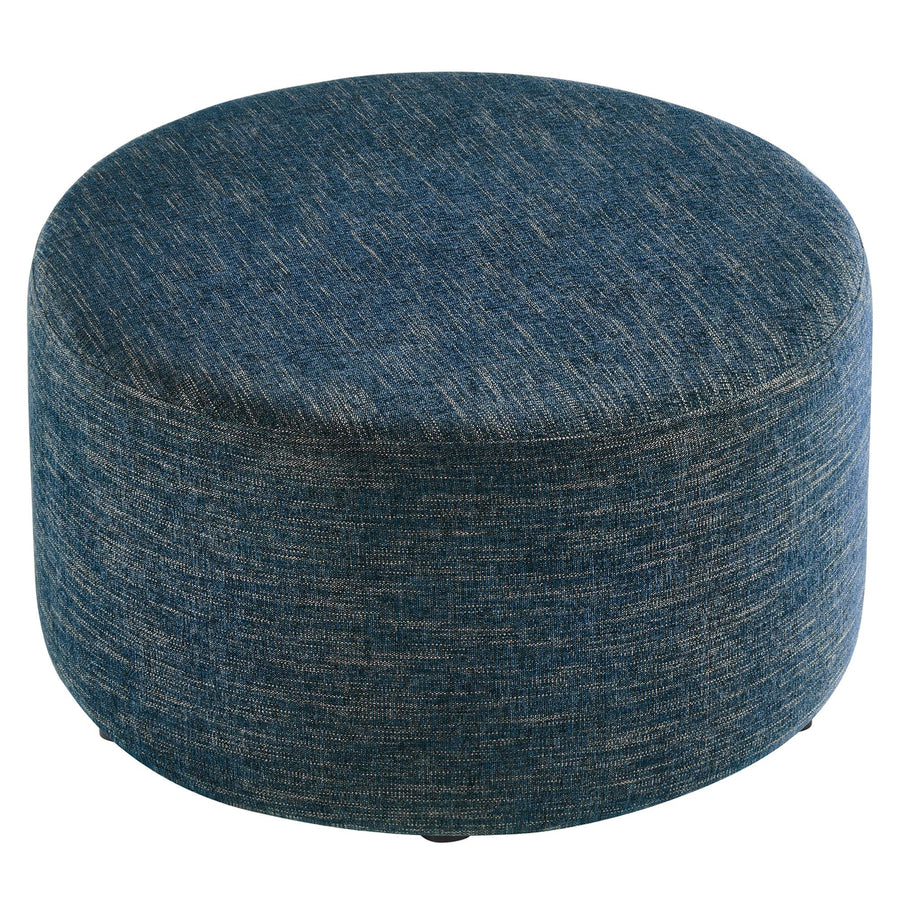 Oren Large 29" Round Woven Heathered Fabric Upholstered Ottoman in Heathered Weave Azure