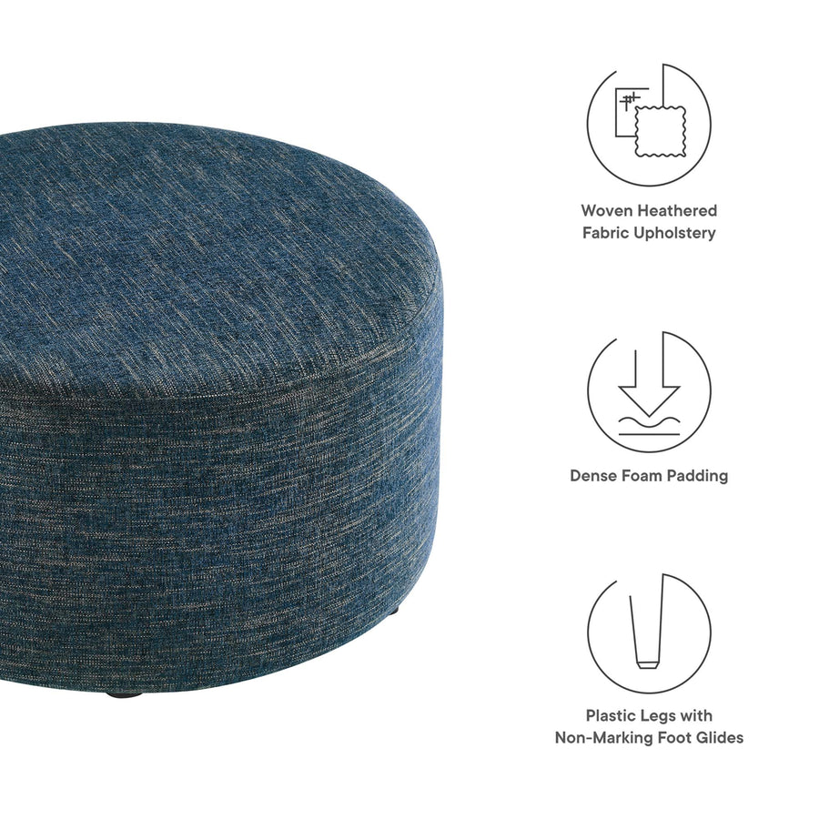 Oren Large 29" Round Woven Heathered Fabric Upholstered Ottoman in Heathered Weave Azure