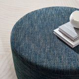 Oren Large 29" Round Woven Heathered Fabric Upholstered Ottoman in Heathered Weave Azure