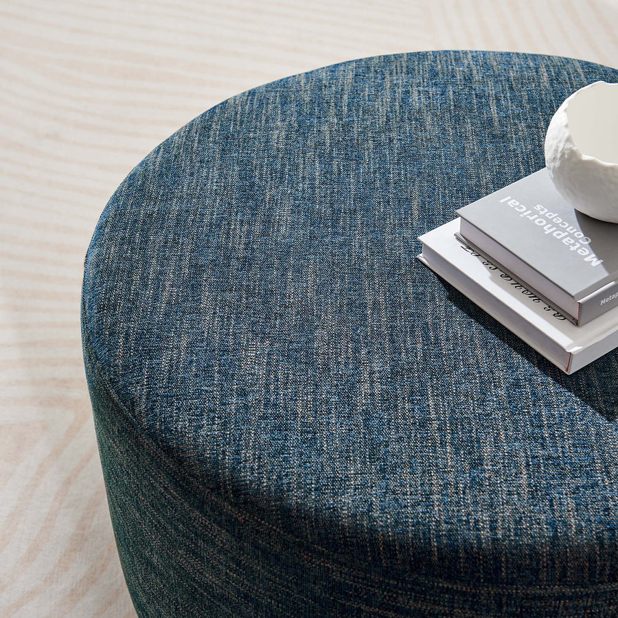 Oren Large 29" Round Woven Heathered Fabric Upholstered Ottoman in Heathered Weave Azure