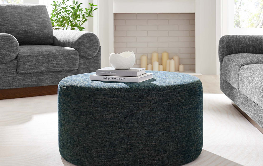 Oren Large 29" Round Woven Heathered Fabric Upholstered Ottoman in Heathered Weave Azure