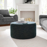 Oren Large 29" Round Woven Heathered Fabric Upholstered Ottoman in Heathered Weave Azure