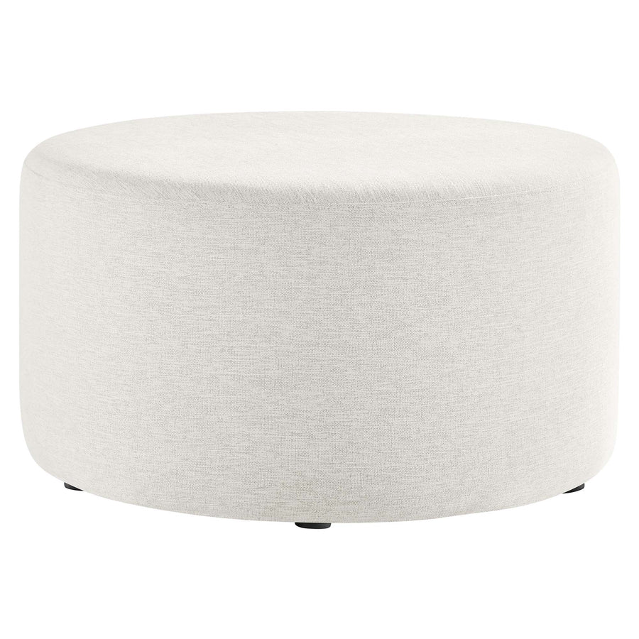 Oren Large 29" Round Woven Heathered Fabric Upholstered Ottoman in Heathered Weave Ivory