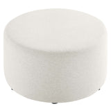 Oren Large 29" Round Woven Heathered Fabric Upholstered Ottoman in Heathered Weave Ivory