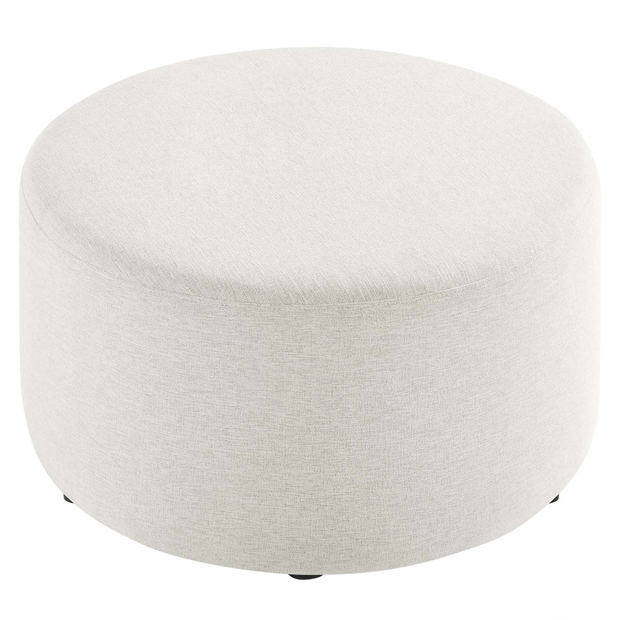 Oren Large 29" Round Woven Heathered Fabric Upholstered Ottoman in Heathered Weave Ivory