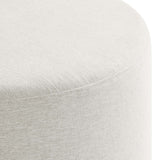 Oren Large 29" Round Woven Heathered Fabric Upholstered Ottoman in Heathered Weave Ivory