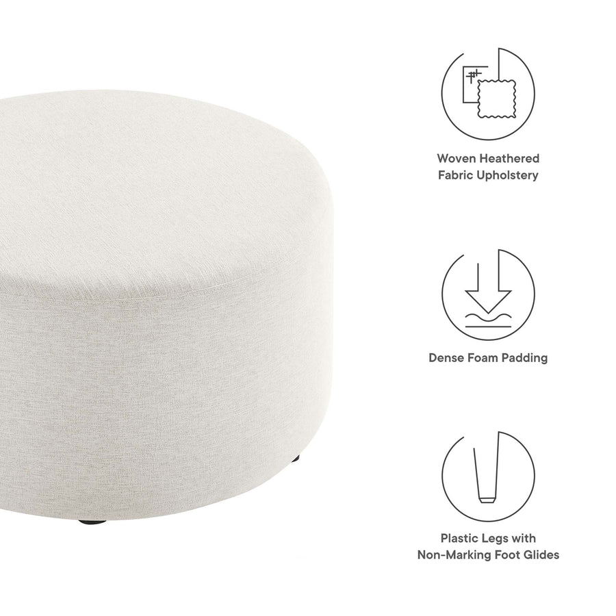 Oren Large 29" Round Woven Heathered Fabric Upholstered Ottoman in Heathered Weave Ivory