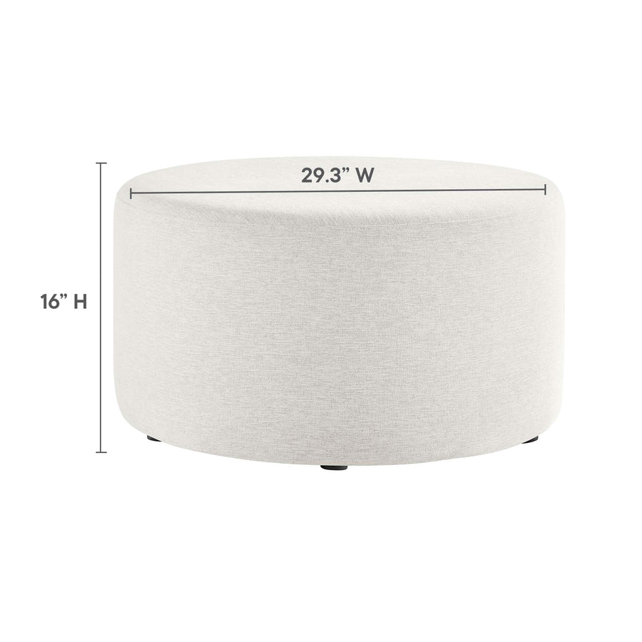 Oren Large 29" Round Woven Heathered Fabric Upholstered Ottoman in Heathered Weave Ivory