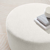 Oren Large 29" Round Woven Heathered Fabric Upholstered Ottoman in Heathered Weave Ivory