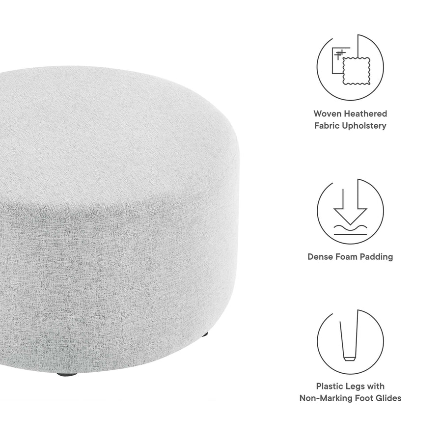 Oren Large 29" Round Woven Heathered Fabric Upholstered Ottoman in Heathered Weave Light Gray
