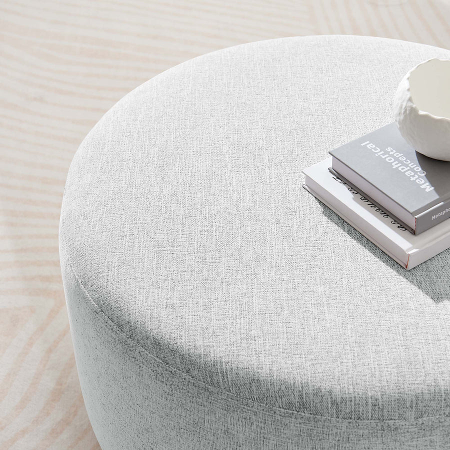 Oren Large 29" Round Woven Heathered Fabric Upholstered Ottoman in Heathered Weave Light Gray