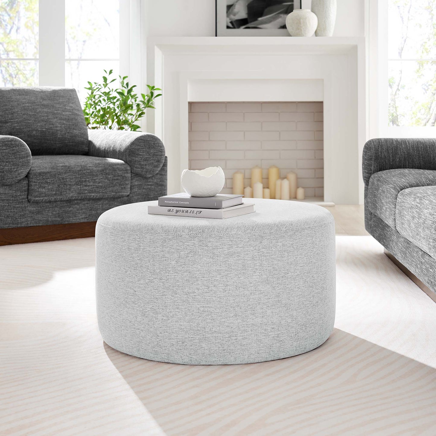 Callum Large 29" Round Woven Heathered Fabric Upholstered Ottoman by Furniture For America
