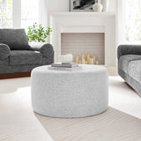 Oren Large 29" Round Woven Heathered Fabric Upholstered Ottoman in Heathered Weave Light Gray