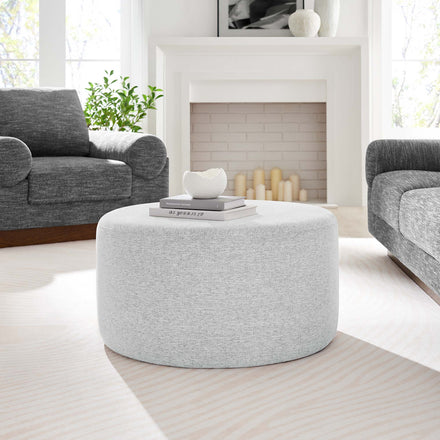Callum Large 29" Round Woven Heathered Fabric Upholstered Ottoman in Heathered Weave Light Gray