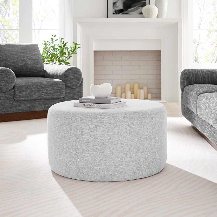 Oren Large 29" Round Woven Heathered Fabric Upholstered Ottoman in Heathered Weave Light Gray