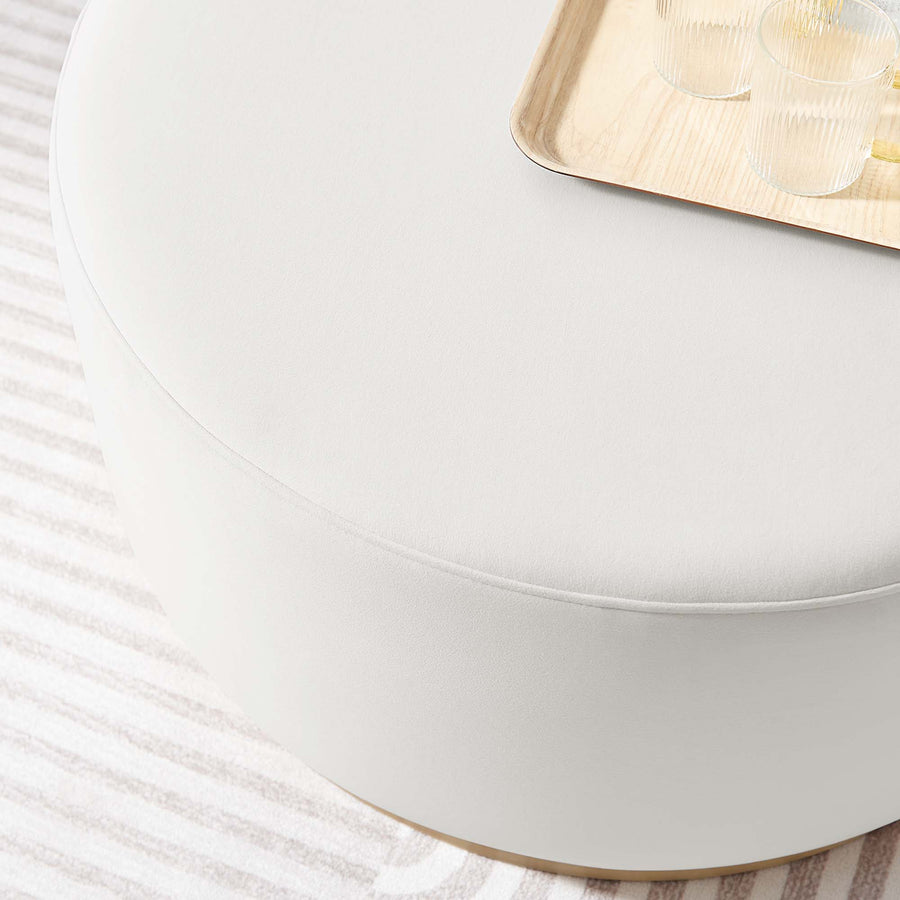 Maple Large 29" Round Performance Velvet Upholstered Ottoman in Alabaster Natural