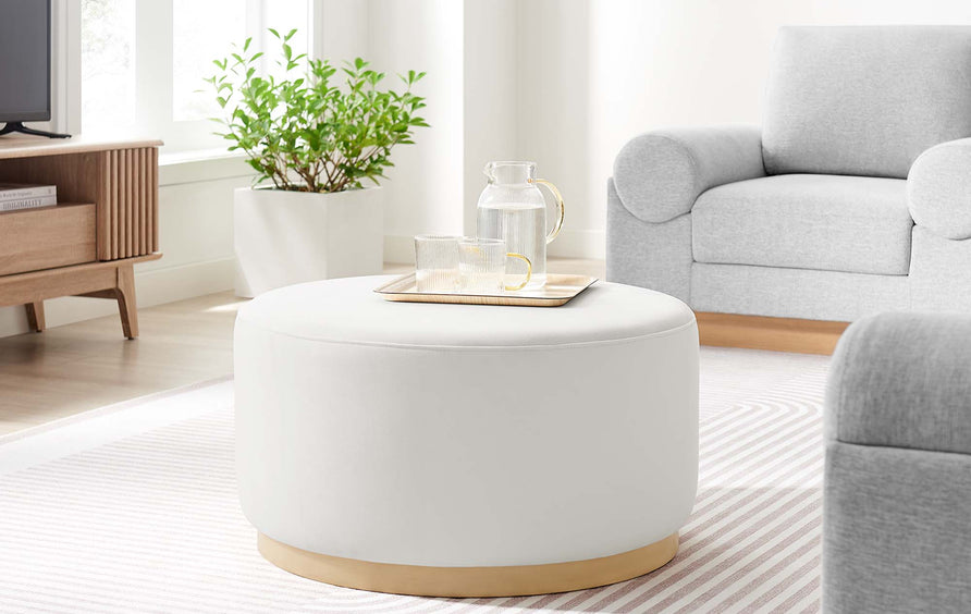 Maple Large 29" Round Performance Velvet Upholstered Ottoman in Alabaster Natural