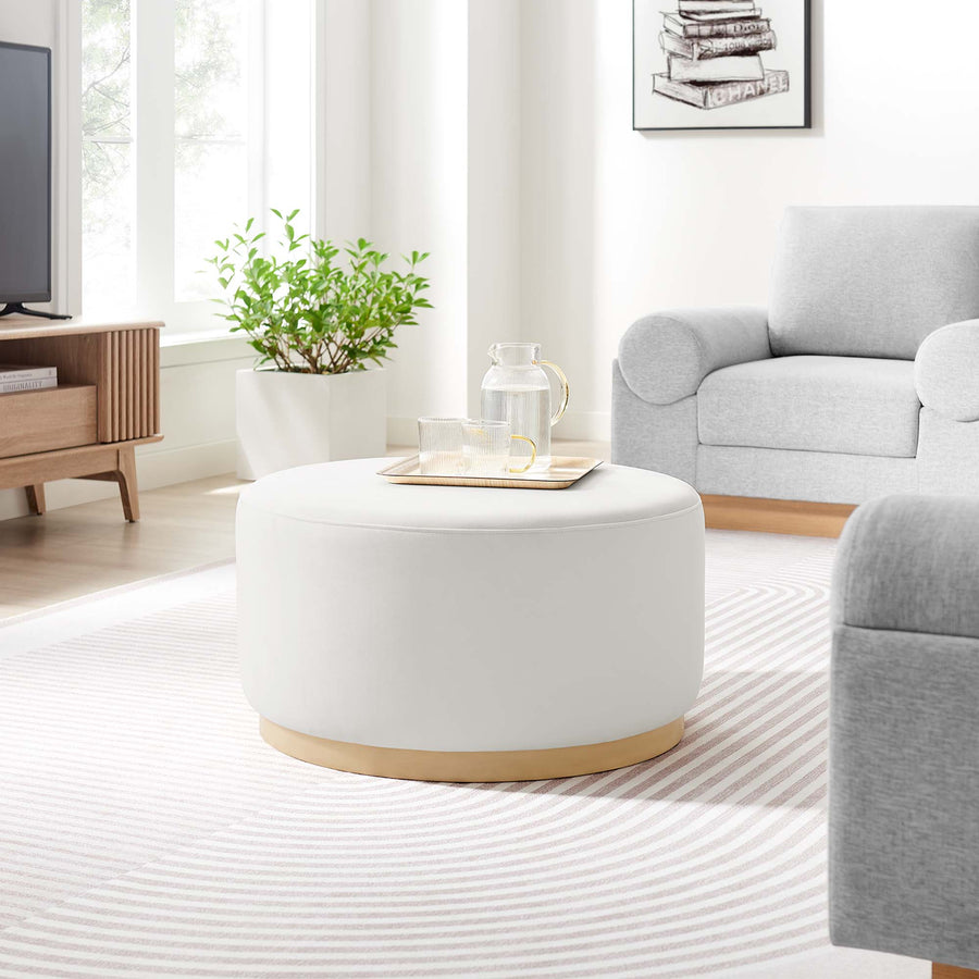 Maple Large 29" Round Performance Velvet Upholstered Ottoman in Alabaster Natural