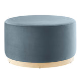 Maple Large 29" Round Performance Velvet Upholstered Ottoman in Cadet Blue Natural