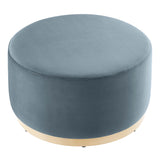 Maple Large 29" Round Performance Velvet Upholstered Ottoman in Cadet Blue Natural