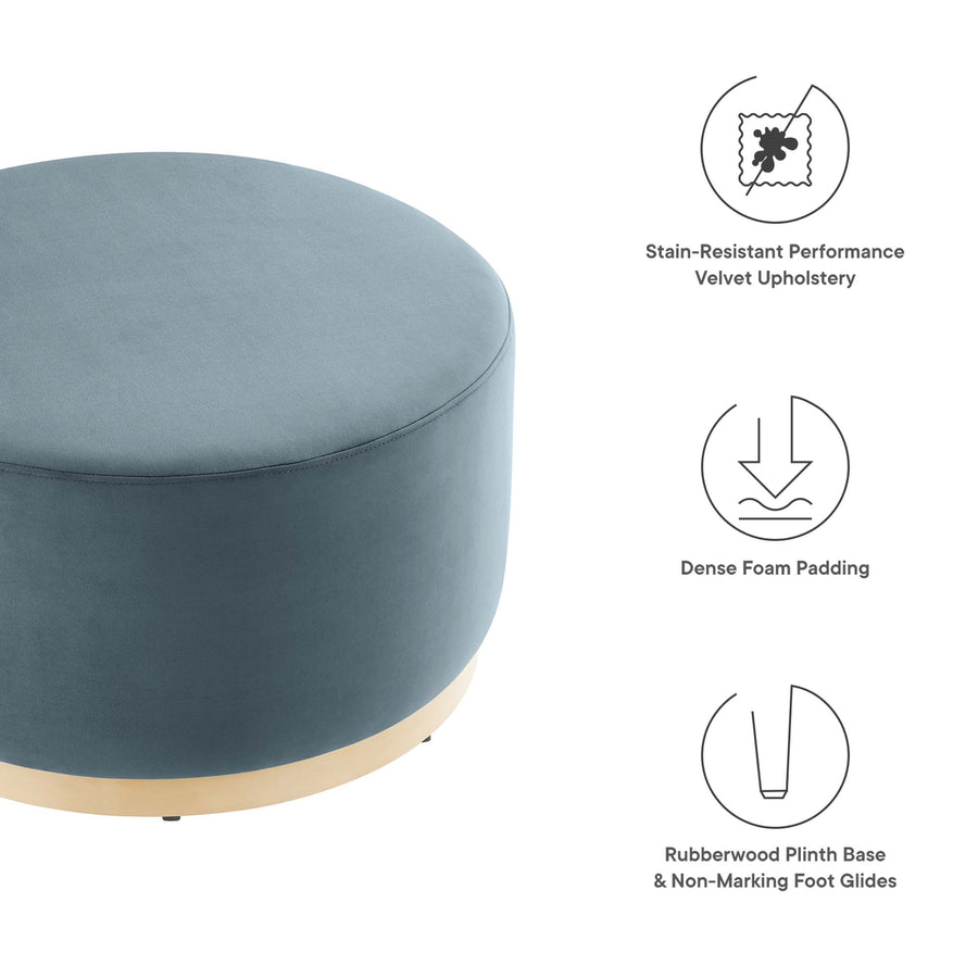 Maple Large 29" Round Performance Velvet Upholstered Ottoman in Cadet Blue Natural