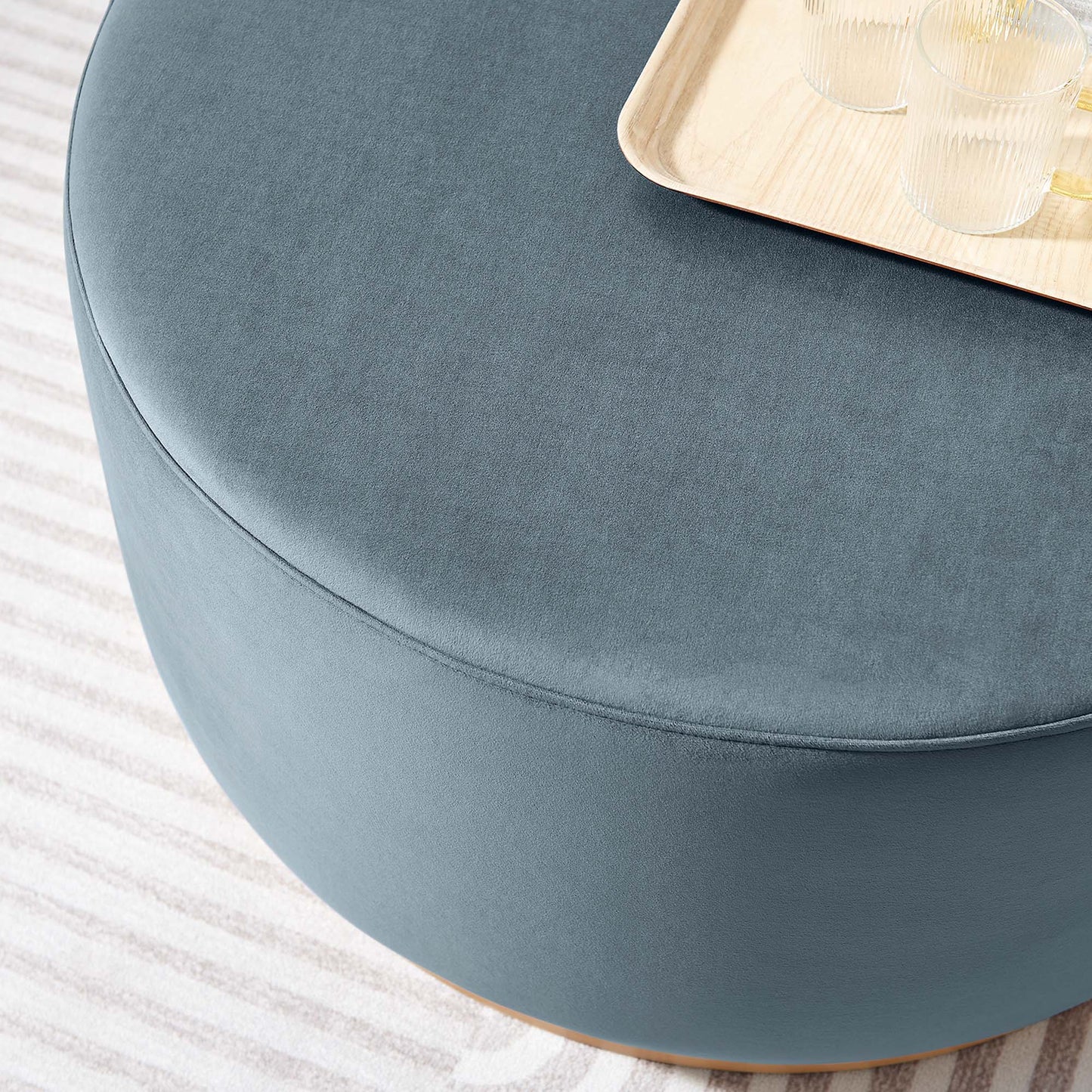 Tilden Large 29" Round Performance Velvet Upholstered Ottoman by Furniture For America