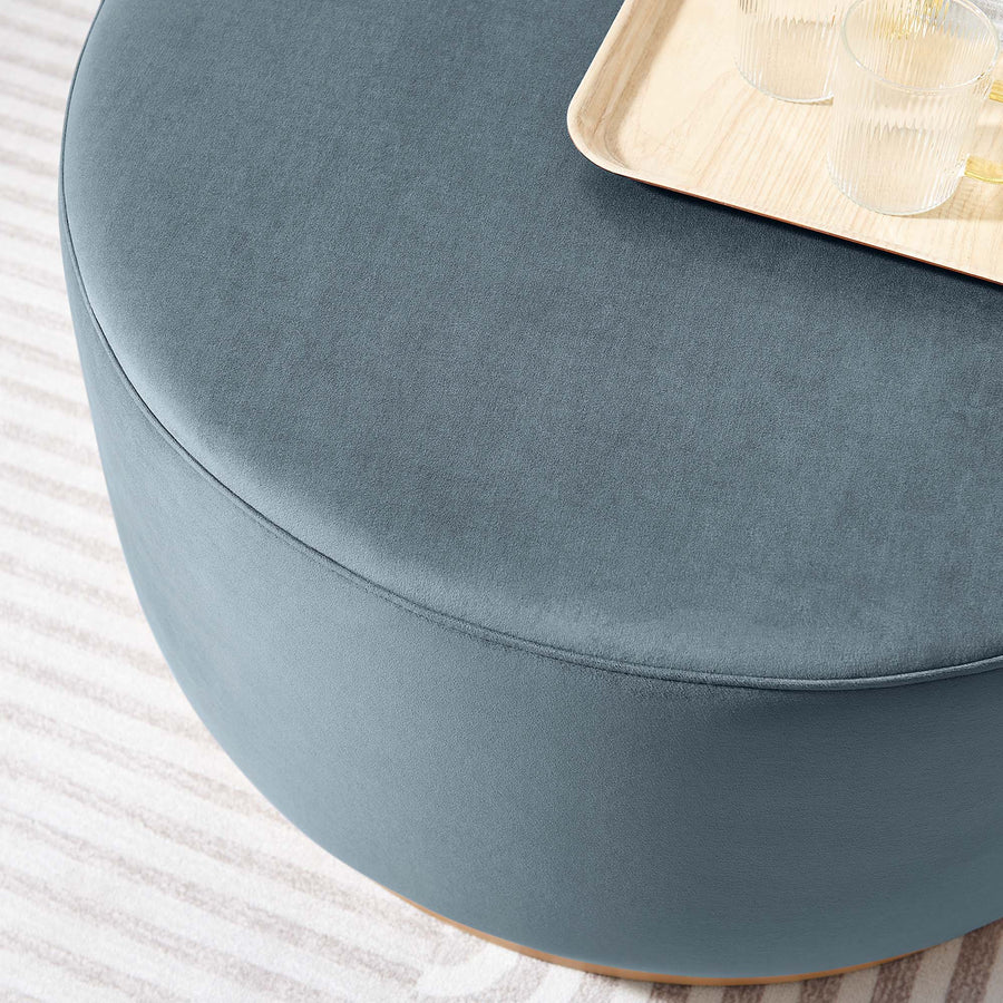 Maple Large 29" Round Performance Velvet Upholstered Ottoman in Cadet Blue Natural