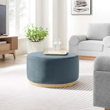 Maple Large 29" Round Performance Velvet Upholstered Ottoman in Cadet Blue Natural