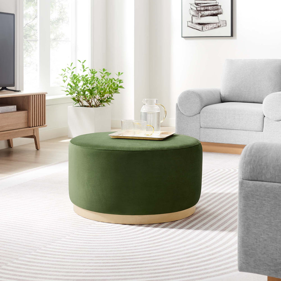 Maple Large 29" Round Performance Velvet Upholstered Ottoman in Moss Green Natural