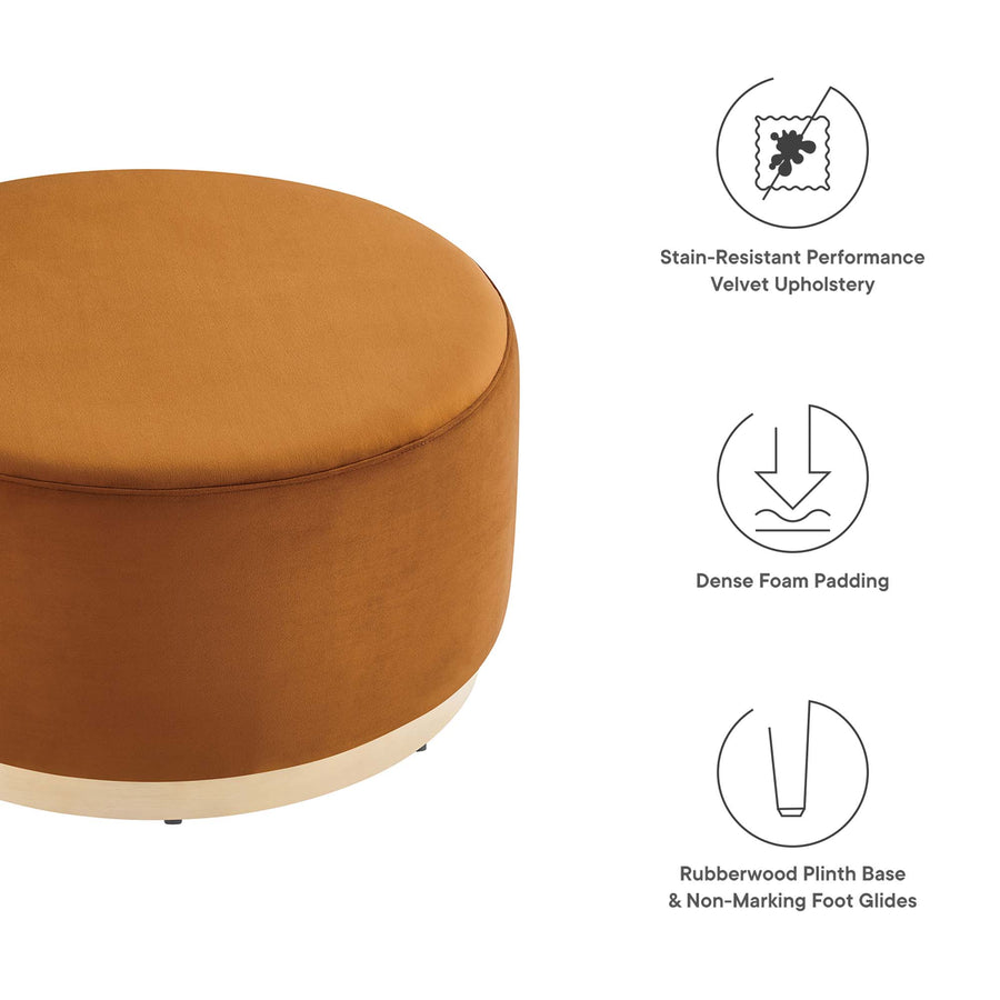 Maple Large 29" Round Performance Velvet Upholstered Ottoman in Rust Natural
