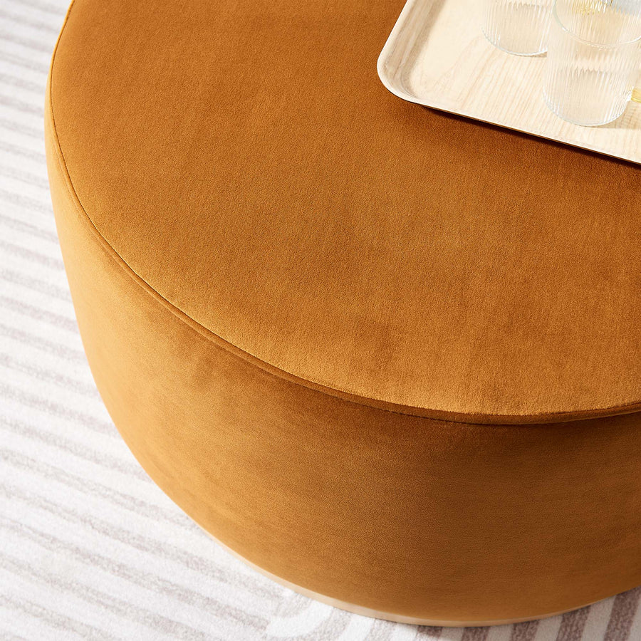 Maple Large 29" Round Performance Velvet Upholstered Ottoman in Rust Natural