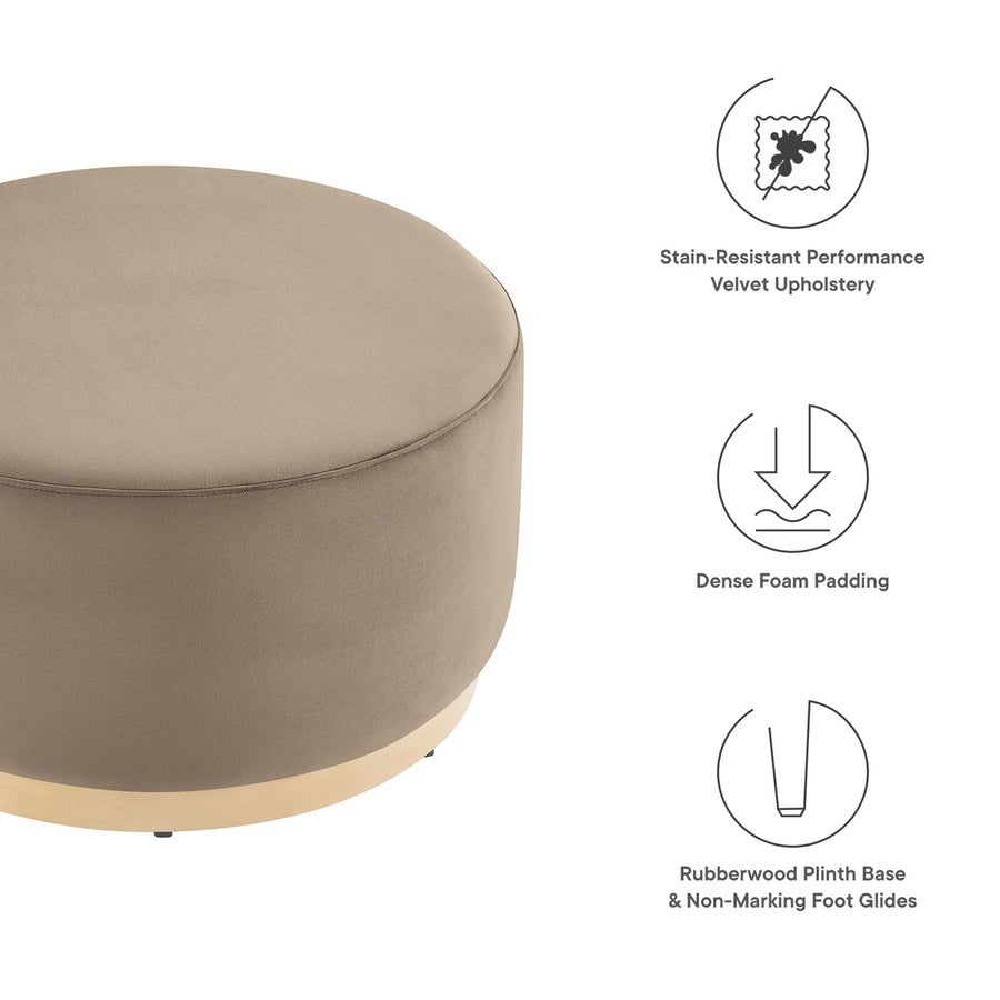 Maple Large 29" Round Performance Velvet Upholstered Ottoman in Taupe Natural