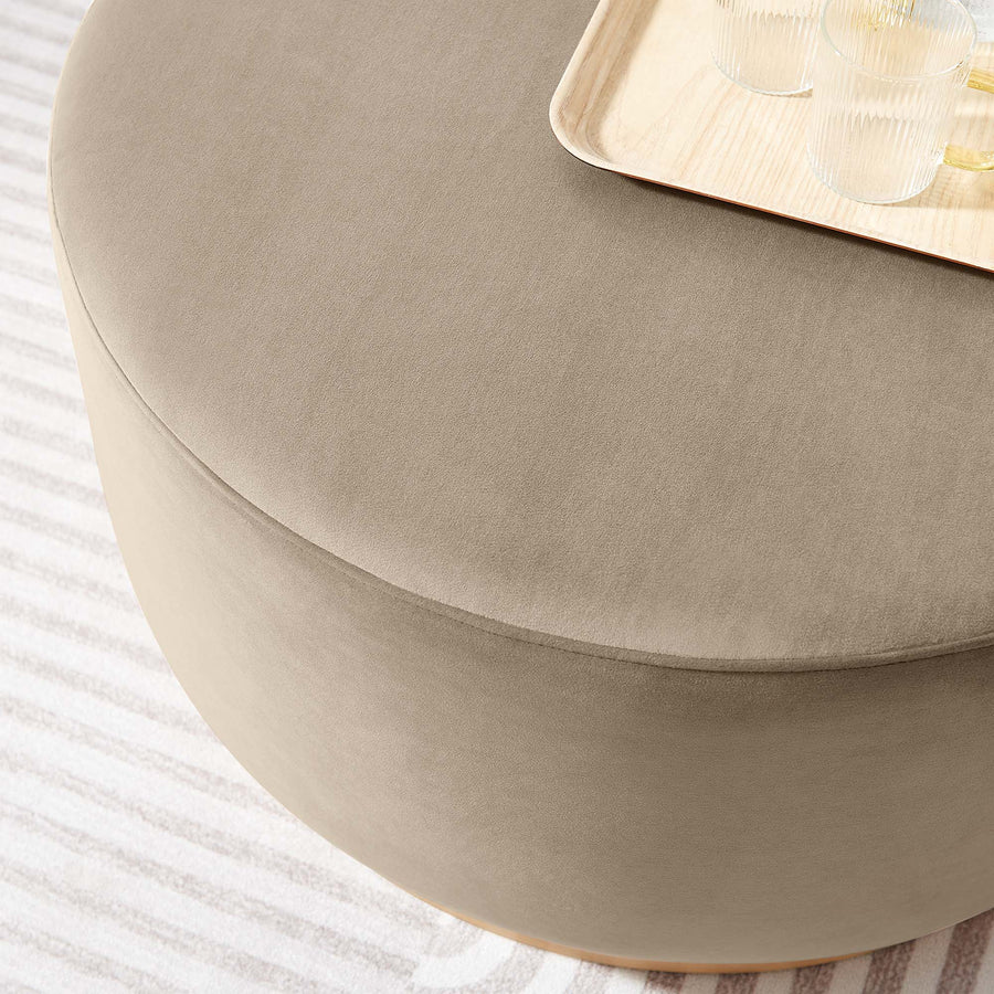 Maple Large 29" Round Performance Velvet Upholstered Ottoman in Taupe Natural