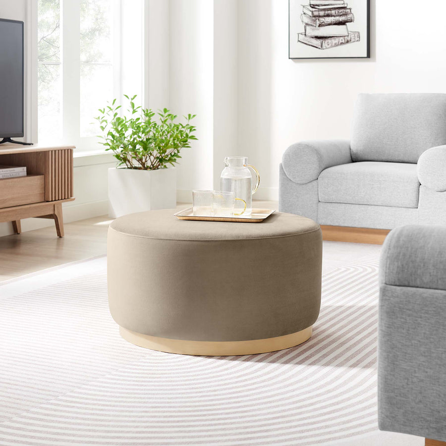 Maple Large 29" Round Performance Velvet Upholstered Ottoman in Taupe Natural