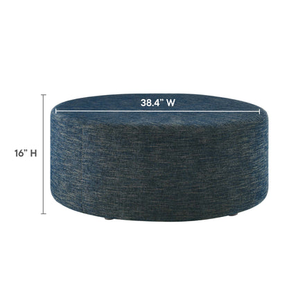 Callum Large 38" Round Woven Heathered Fabric Upholstered Ottoman in Heathered Weave Azure