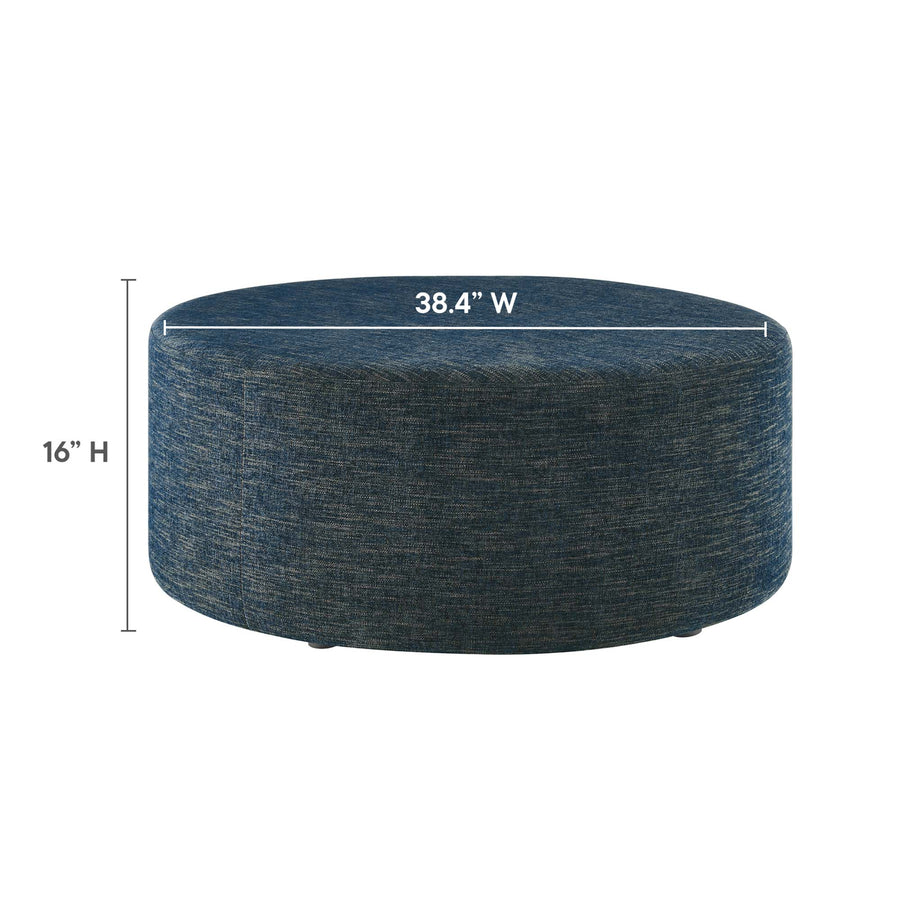 Oren Large 38" Round Woven Heathered Fabric Upholstered Ottoman in Heathered Weave Azure
