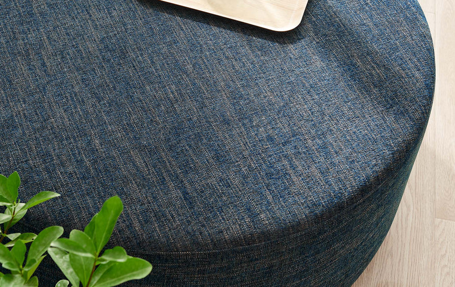 Oren Large 38" Round Woven Heathered Fabric Upholstered Ottoman in Heathered Weave Azure