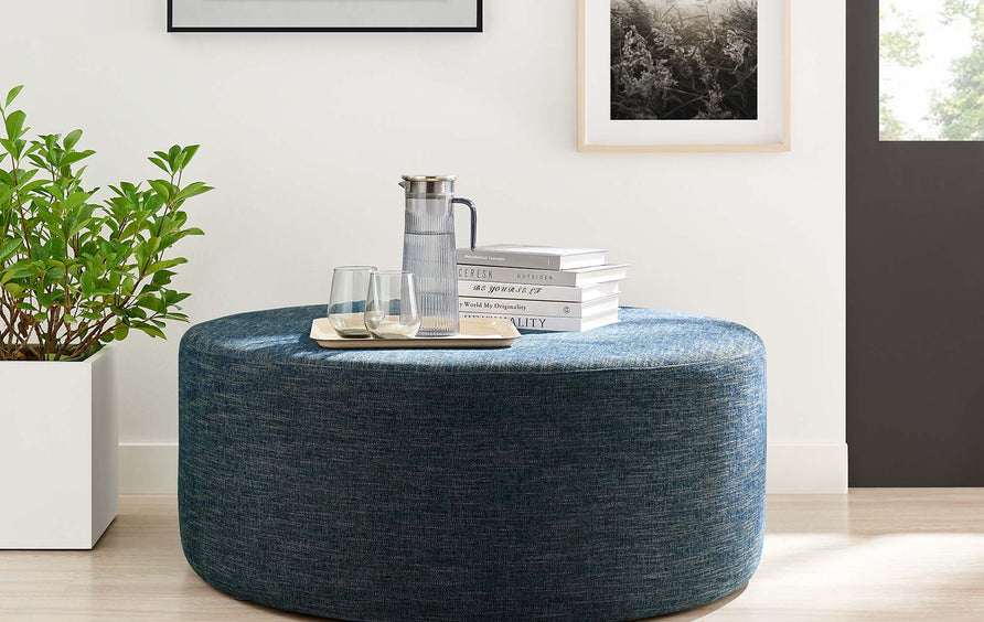 Oren Large 38" Round Woven Heathered Fabric Upholstered Ottoman in Heathered Weave Azure