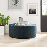 Oren Large 38" Round Woven Heathered Fabric Upholstered Ottoman in Heathered Weave Azure