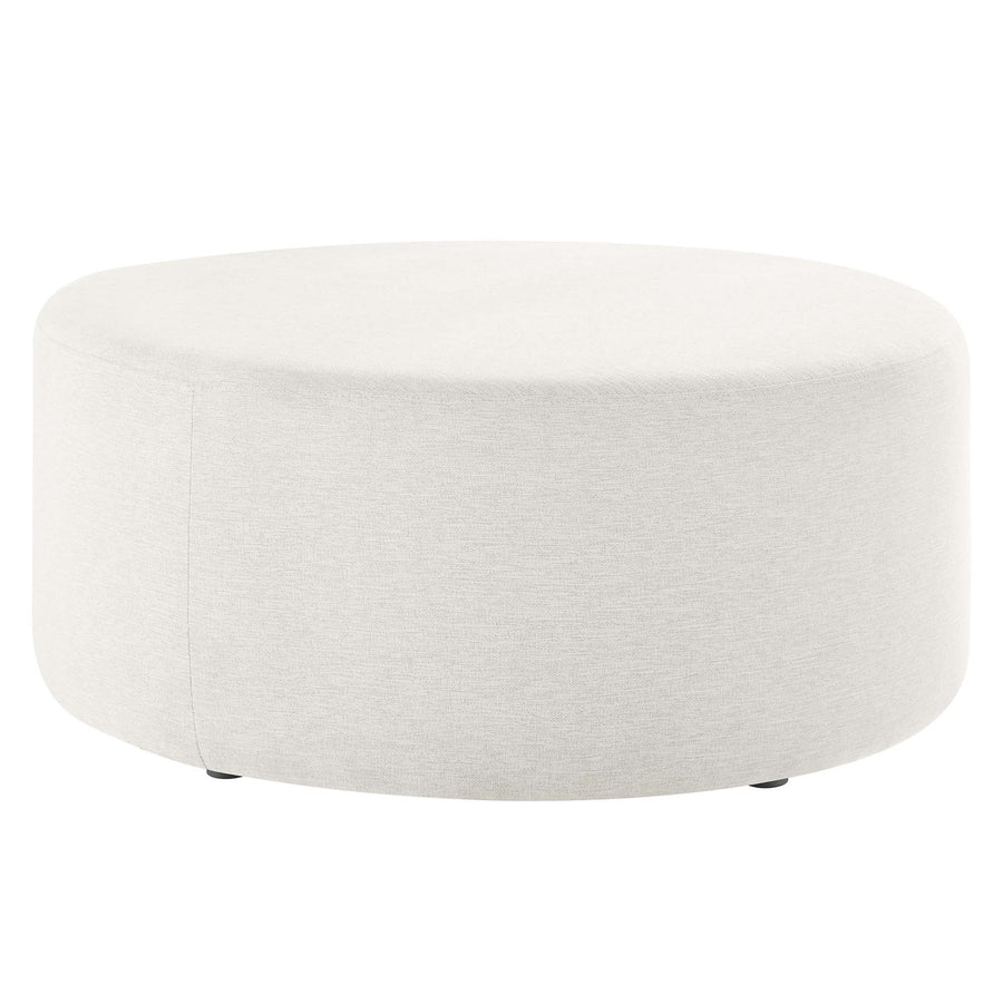 Oren Large 38" Round Woven Heathered Fabric Upholstered Ottoman in Heathered Weave Ivory