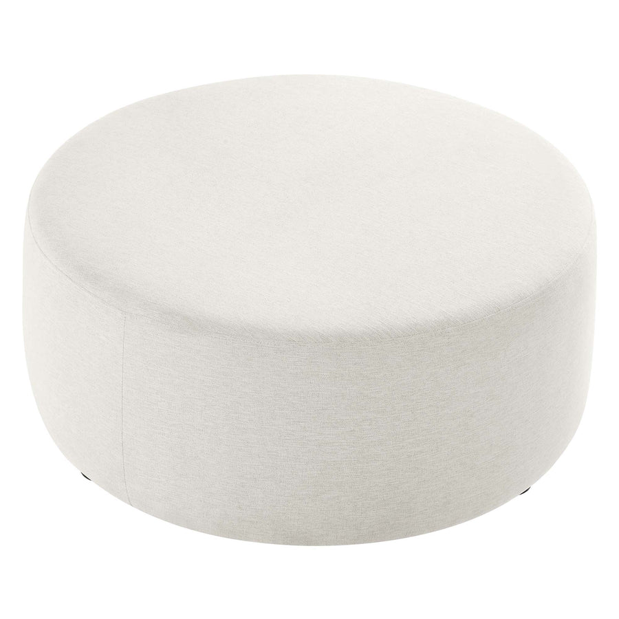 Oren Large 38" Round Woven Heathered Fabric Upholstered Ottoman in Heathered Weave Ivory