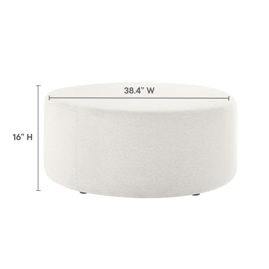 Oren Large 38" Round Woven Heathered Fabric Upholstered Ottoman in Heathered Weave Ivory
