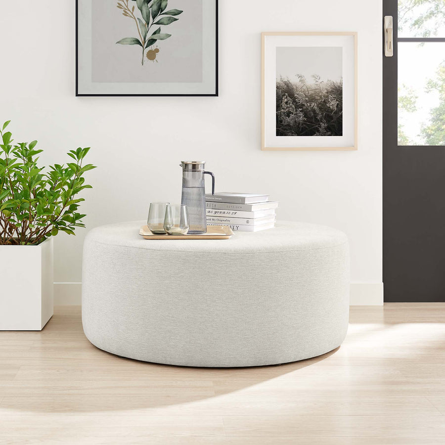 Oren Large 38" Round Woven Heathered Fabric Upholstered Ottoman in Heathered Weave Ivory