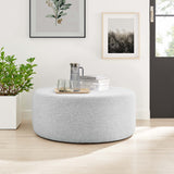 Oren Large 38" Round Woven Heathered Fabric Upholstered Ottoman in Heathered Weave Light Gray