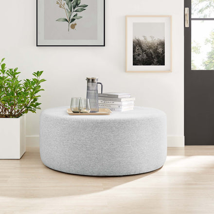 Callum Large 38" Round Woven Heathered Fabric Upholstered Ottoman in Heathered Weave Light Gray